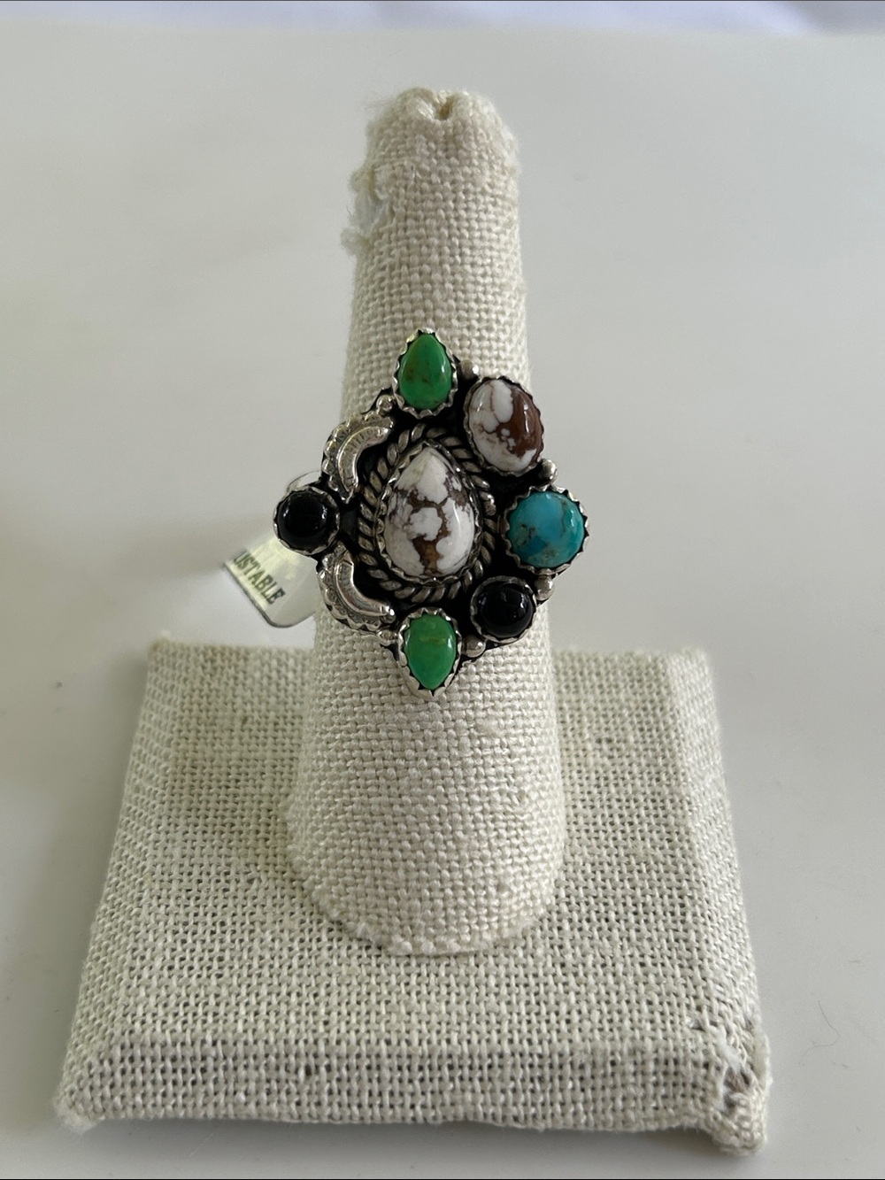 Southwestern Sterling Silver Multi-Stone Cluster Adjustable Ring NWT